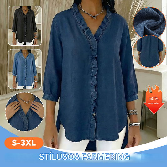 【50% kedvezmény】【S-3XL】Női alkalmi farmer ing V-nyakkal és fodrokkal