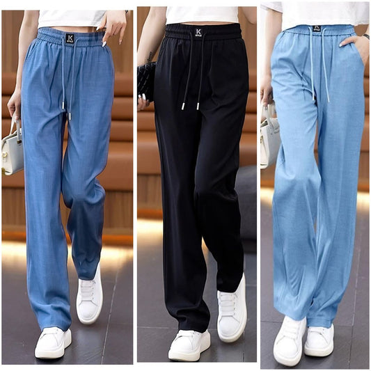 【50% kedvezmény!】【S–3XL】Női Ice Silk vékony, bő szárú farmernadrág – Magas derekú, kényelmes viselet
