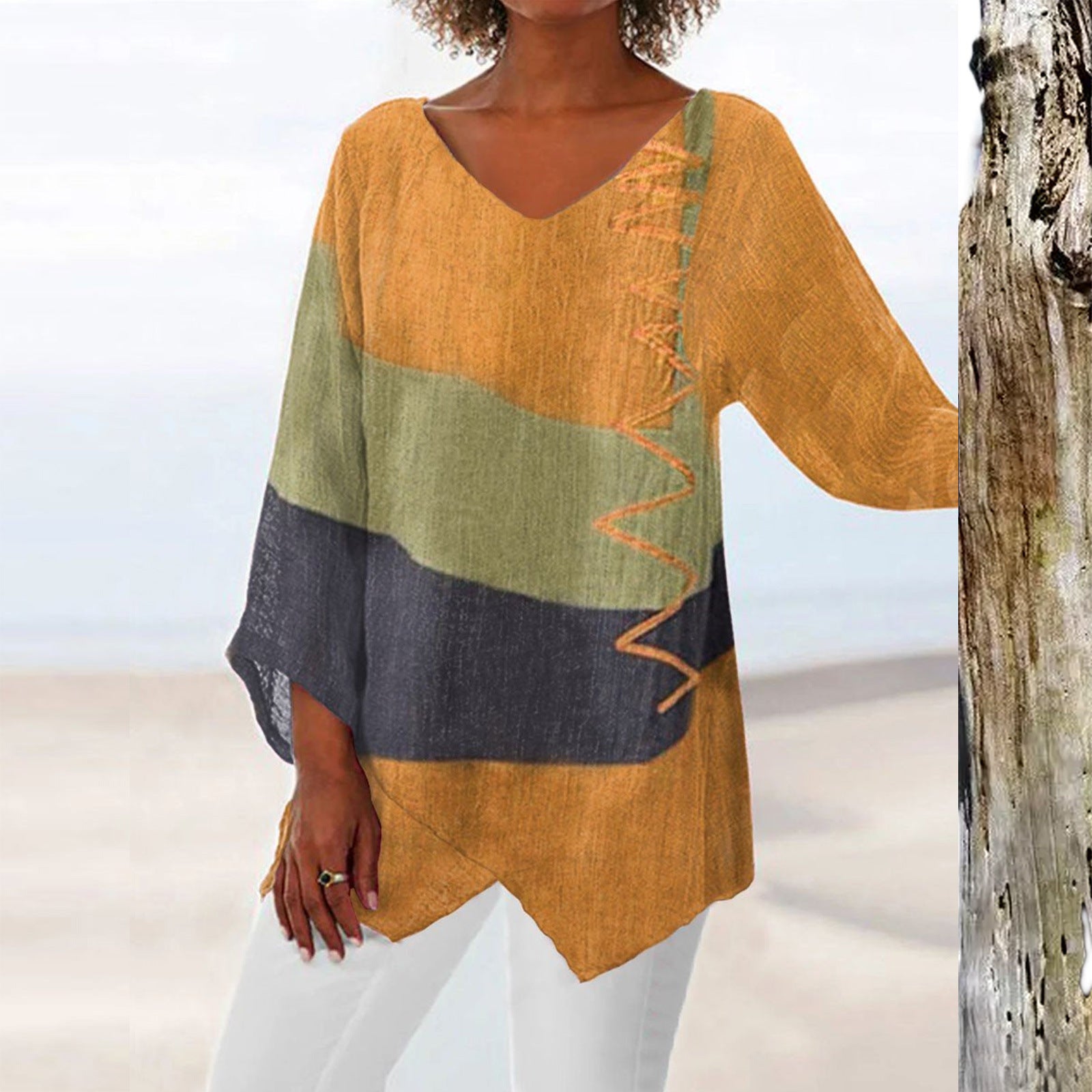 【Utolsó nap – 50% kedvezmény】【S~5XL】Női elegáns hétköznapi felső: V-nyakú, hosszú ujjú, művészi mintás nyomat
