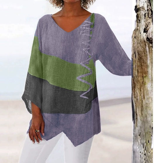 【Utolsó nap – 50% kedvezmény】【S~5XL】Női elegáns hétköznapi felső: V-nyakú, hosszú ujjú, művészi mintás nyomat