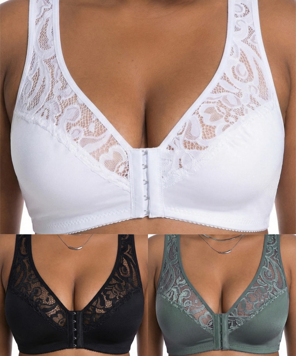 【50% kedvezmény korlátozott ideig!】【3 db-os szett】【L-4XL】Push-up melltartó nagy méretben, gyönyörű csipke, push-up és áttört design, elöl kapcsos