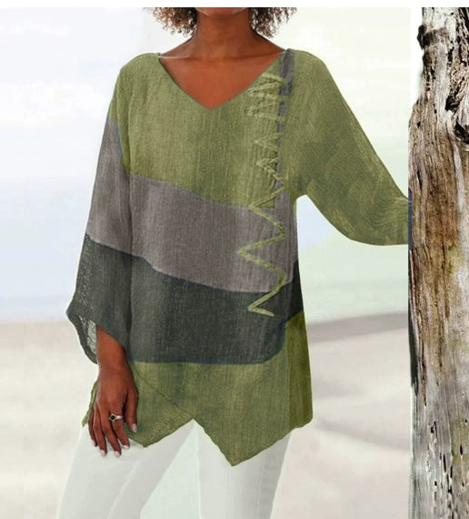 【Utolsó nap – 50% kedvezmény】【S~5XL】Női elegáns hétköznapi felső: V-nyakú, hosszú ujjú, művészi mintás nyomat