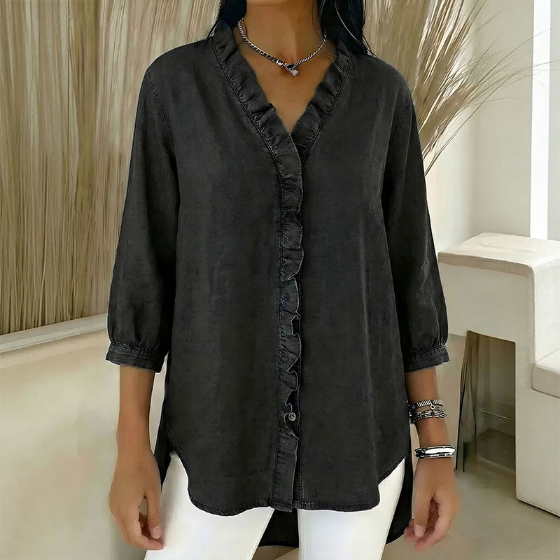 【50% kedvezmény】【S-3XL】Női alkalmi farmer ing V-nyakkal és fodrokkal