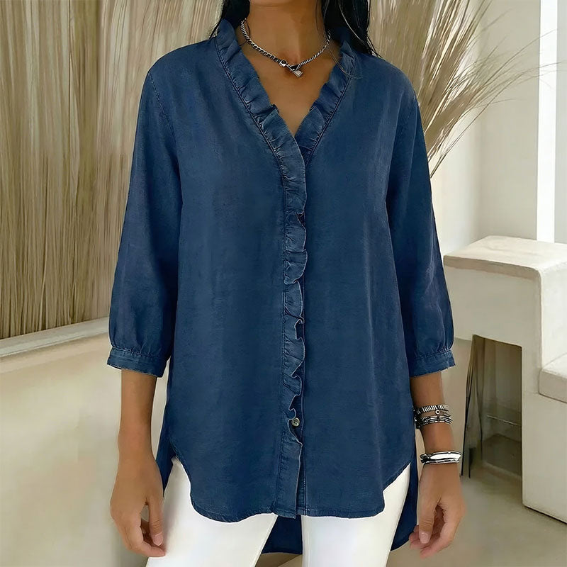 【50% kedvezmény】【S-3XL】Női alkalmi farmer ing V-nyakkal és fodrokkal