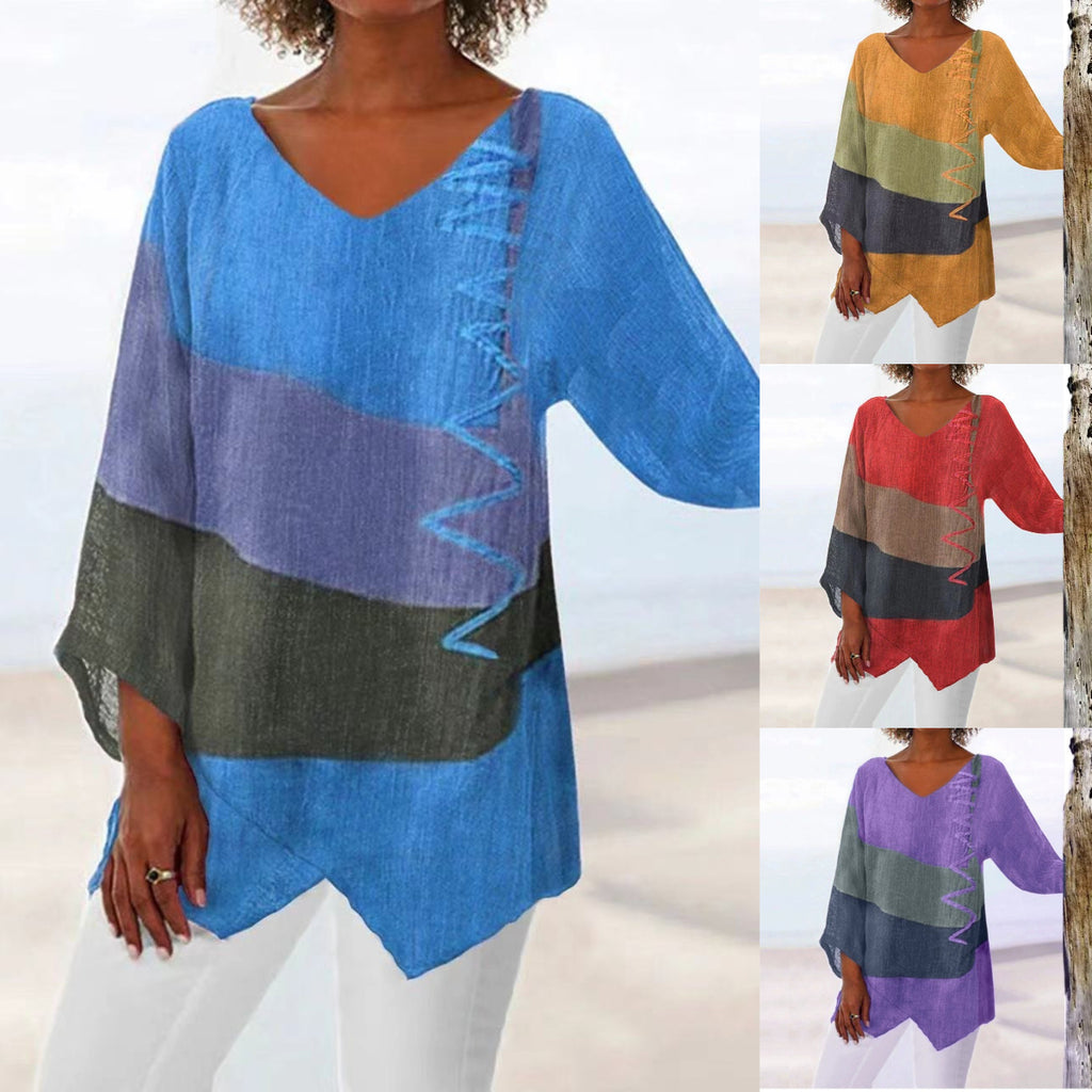 【Utolsó nap – 50% kedvezmény】【S~5XL】Női elegáns hétköznapi felső: V-nyakú, hosszú ujjú, művészi mintás nyomat