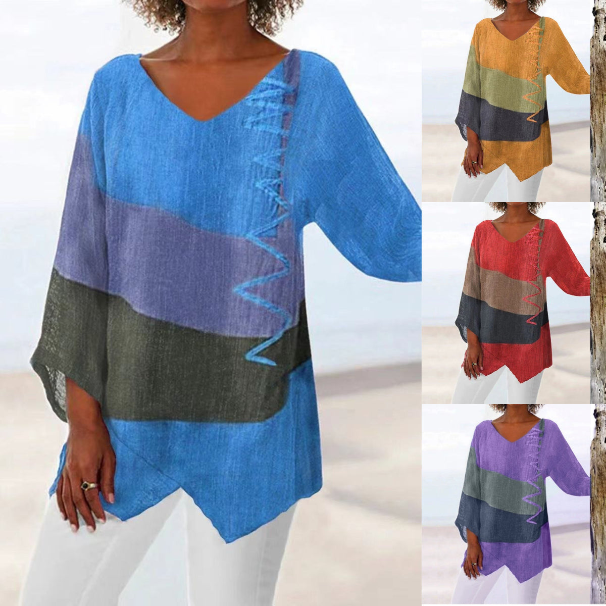 【Utolsó nap – 50% kedvezmény】【S~5XL】Női elegáns hétköznapi felső: V-nyakú, hosszú ujjú, művészi mintás nyomat