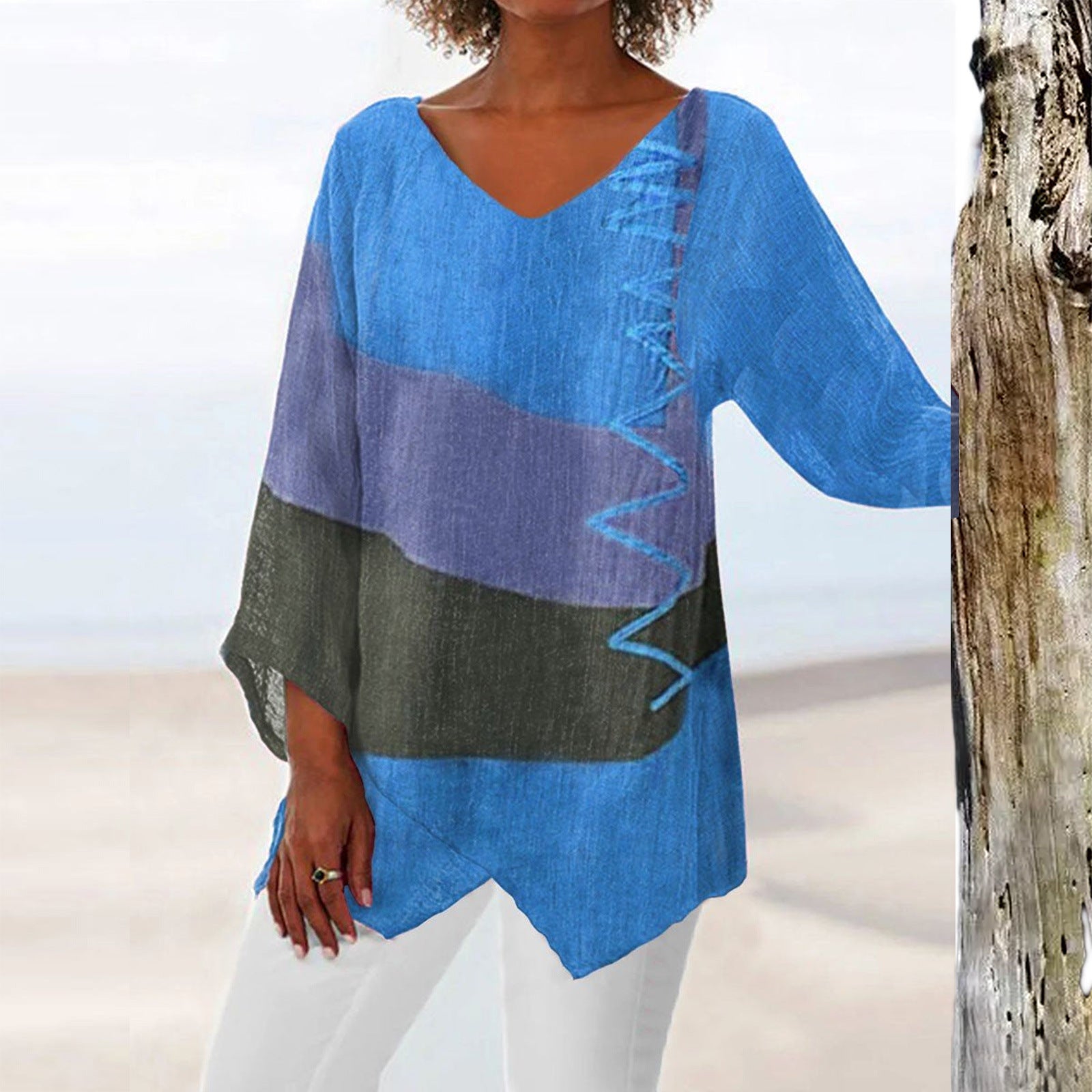 【Utolsó nap – 50% kedvezmény】【S~5XL】Női elegáns hétköznapi felső: V-nyakú, hosszú ujjú, művészi mintás nyomat
