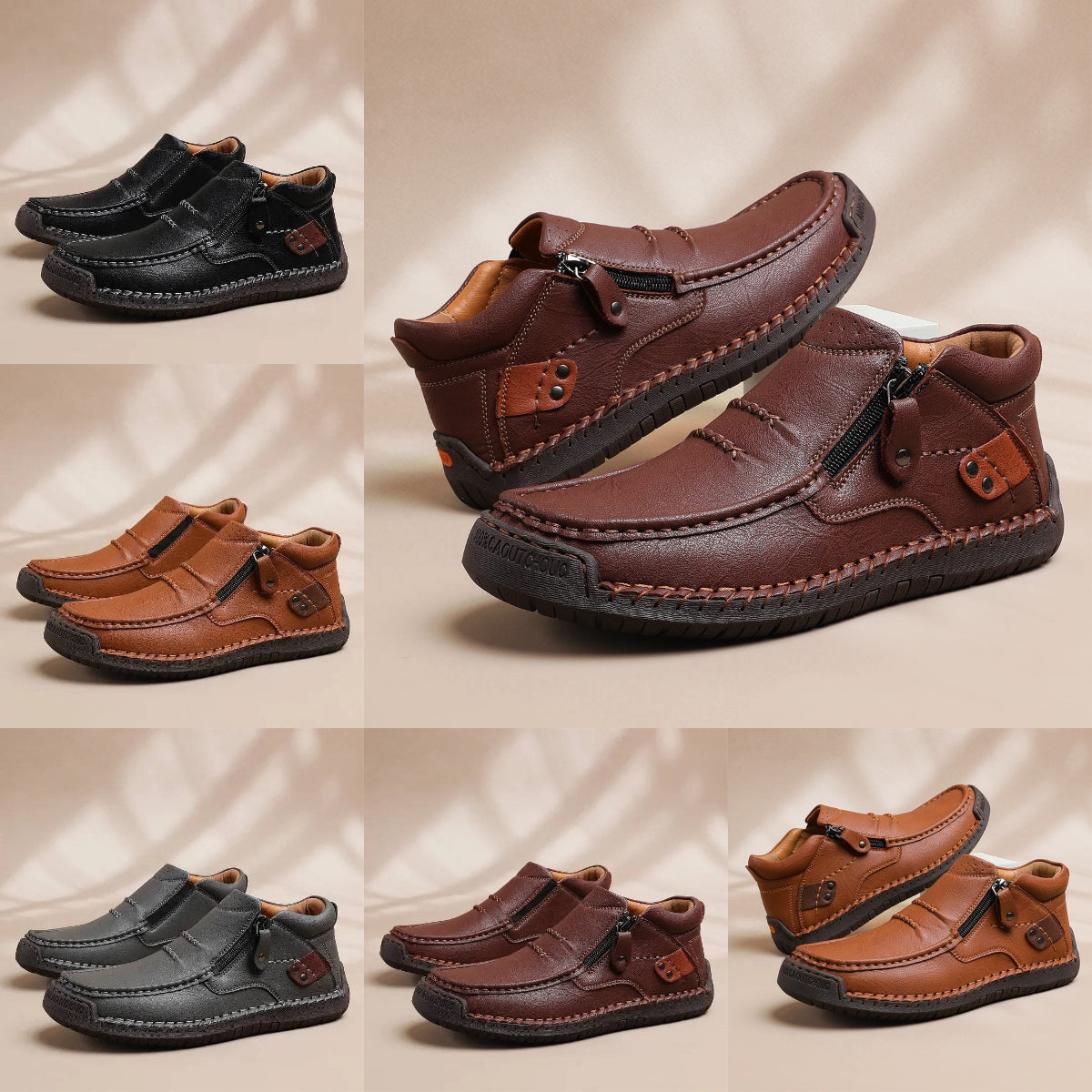 【50% OFF】【38–48】Férfi prémium bőr outdoor cipő – kézzel varrott, bebújós fazon, magas szár
