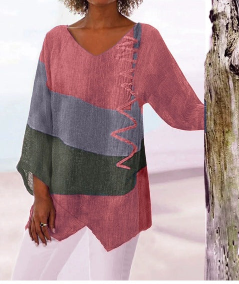 【Utolsó nap – 50% kedvezmény】【S~5XL】Női elegáns hétköznapi felső: V-nyakú, hosszú ujjú, művészi mintás nyomat