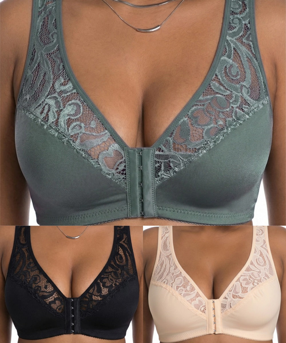 【50% kedvezmény korlátozott ideig!】【3 db-os szett】【L-4XL】Push-up melltartó nagy méretben, gyönyörű csipke, push-up és áttört design, elöl kapcsos