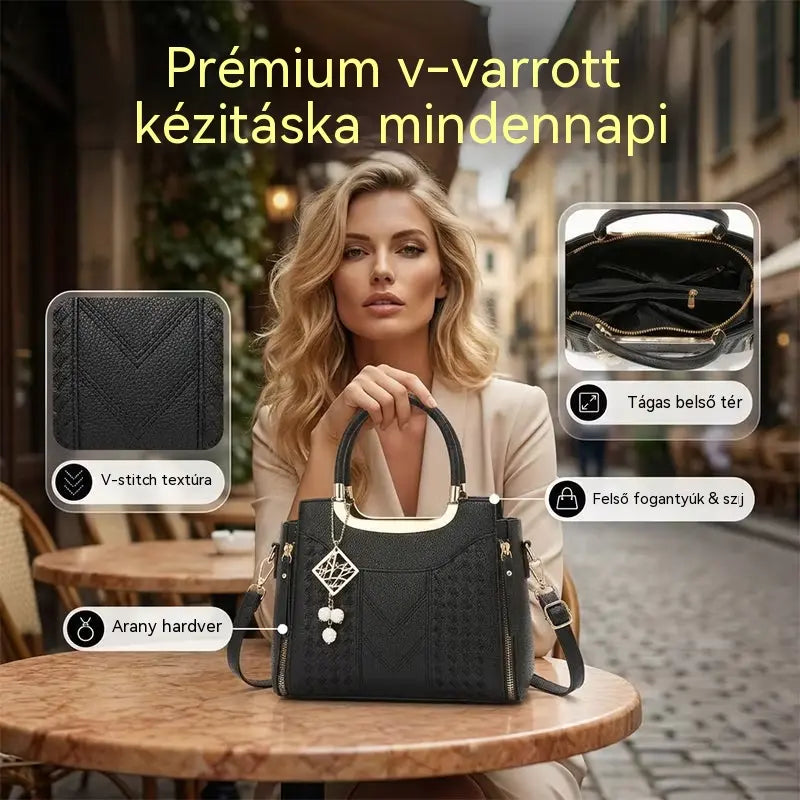 【Korlátozott ideig 50% kedvezmény!】Női válltáska V-alakú varrással, arany szerelékekkel, több rekesszel és felső fogantyúval