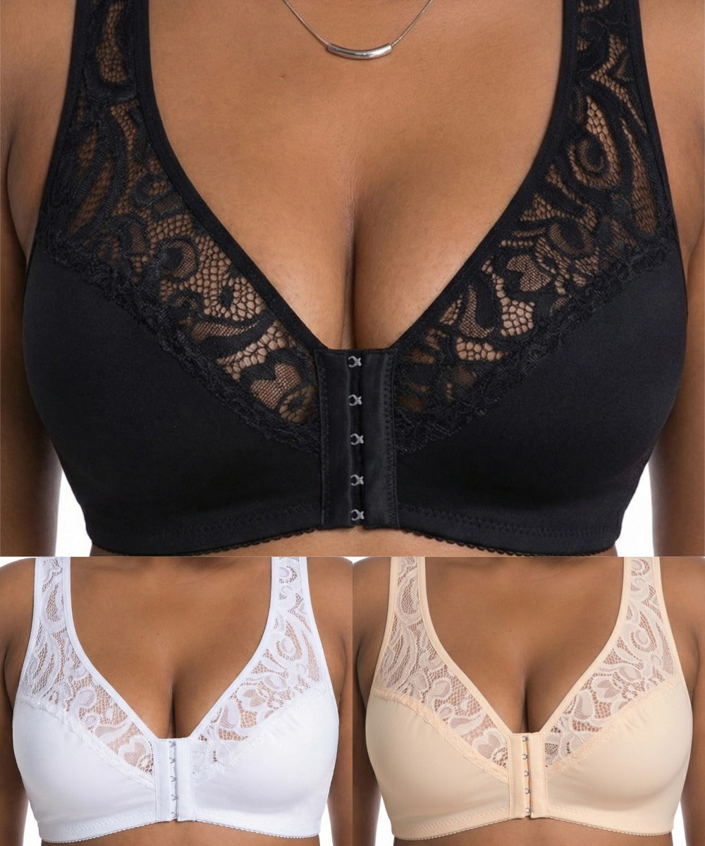 【50% kedvezmény korlátozott ideig!】【3 db-os szett】【L-4XL】Push-up melltartó nagy méretben, gyönyörű csipke, push-up és áttört design, elöl kapcsos