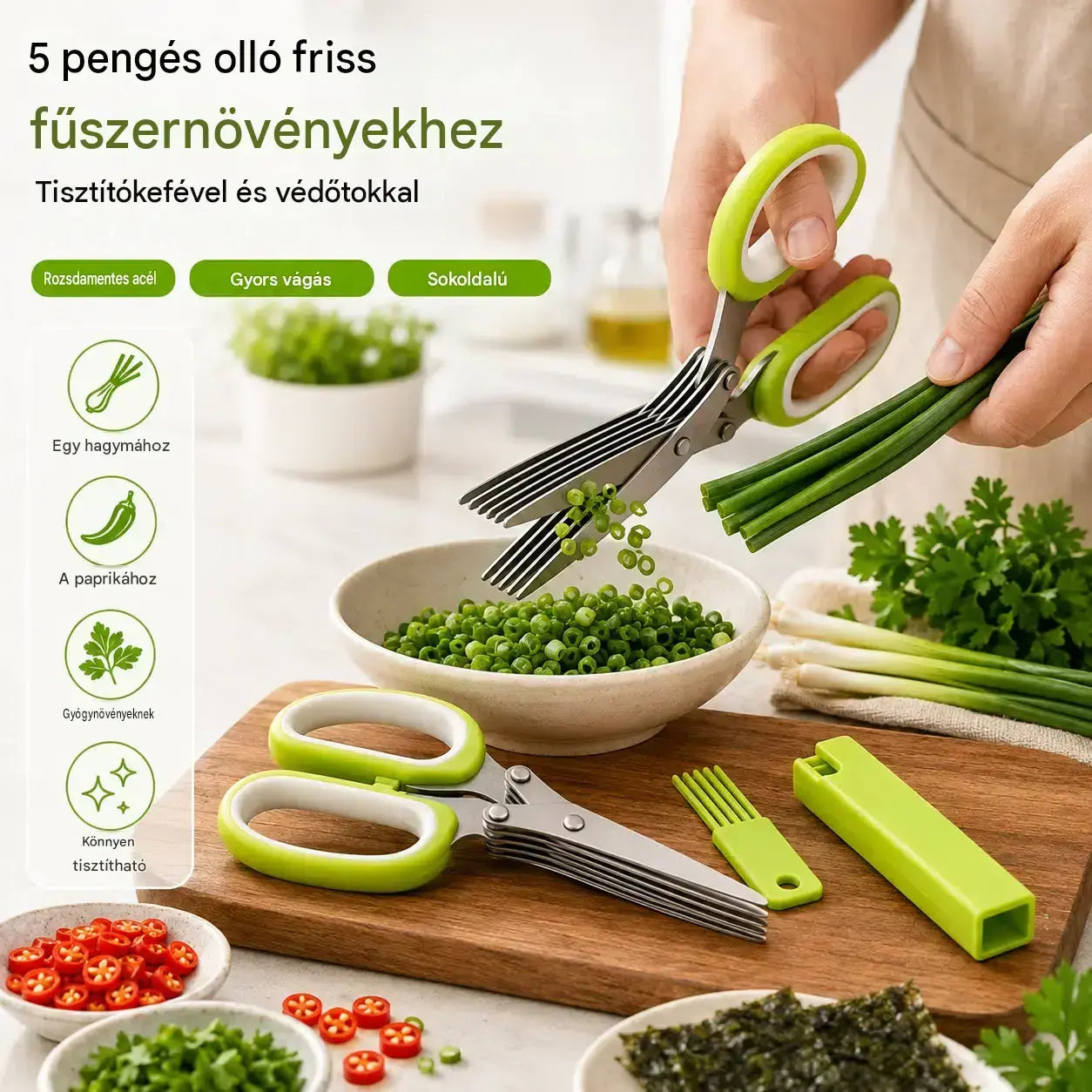 【Korlátozott ideig 50% kedvezmény!】🌿 5 pengés fűszernövény olló – Gyors konyhai vágó friss fűszernövényekhez és fűszerekhez