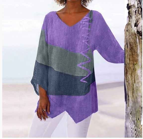 【Utolsó nap – 50% kedvezmény】【S~5XL】Női elegáns hétköznapi felső: V-nyakú, hosszú ujjú, művészi mintás nyomat
