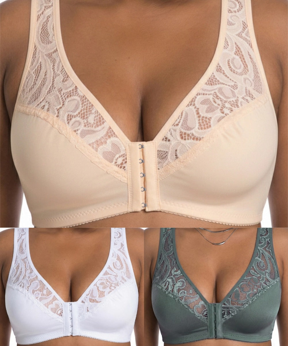 【50% kedvezmény korlátozott ideig!】【3 db-os szett】【L-4XL】Push-up melltartó nagy méretben, gyönyörű csipke, push-up és áttört design, elöl kapcsos