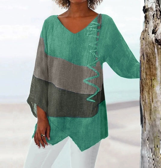【Utolsó nap – 50% kedvezmény】【S~5XL】Női elegáns hétköznapi felső: V-nyakú, hosszú ujjú, művészi mintás nyomat